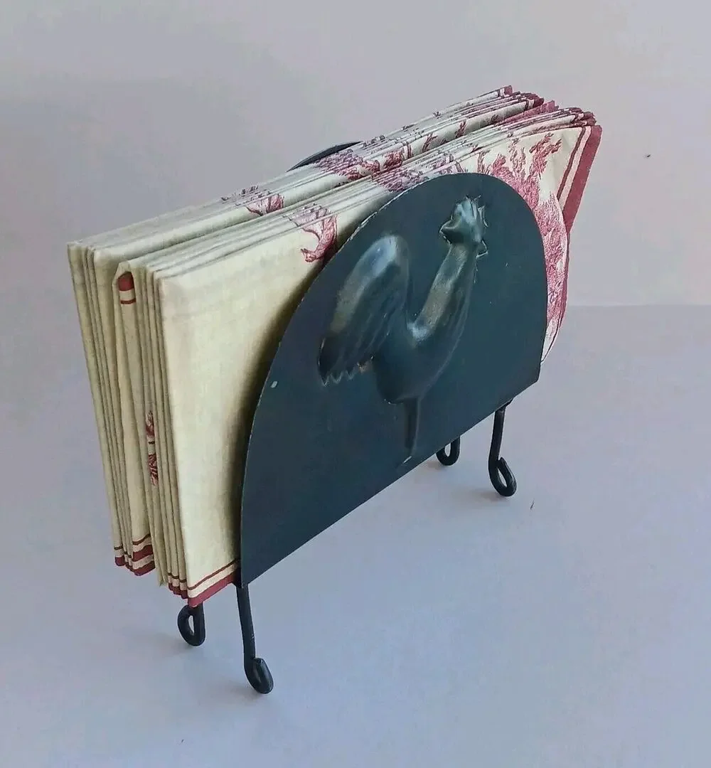 Farmhouse Napkin Metal Holder w/Toile Napkins Imprinted Rooster Primitive